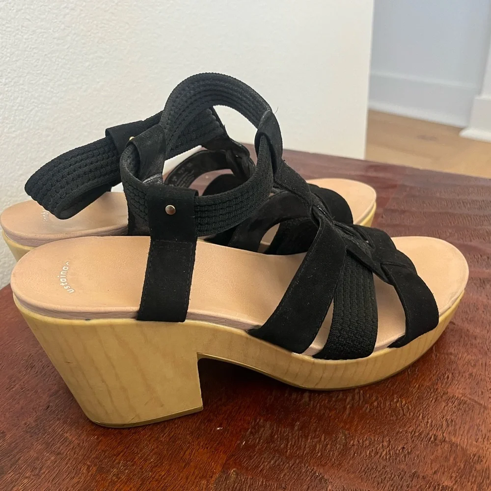 Dr. Scholl's Faux Wood Black Chunky Platform Heeled Blossom Boho Sandal Sz 11